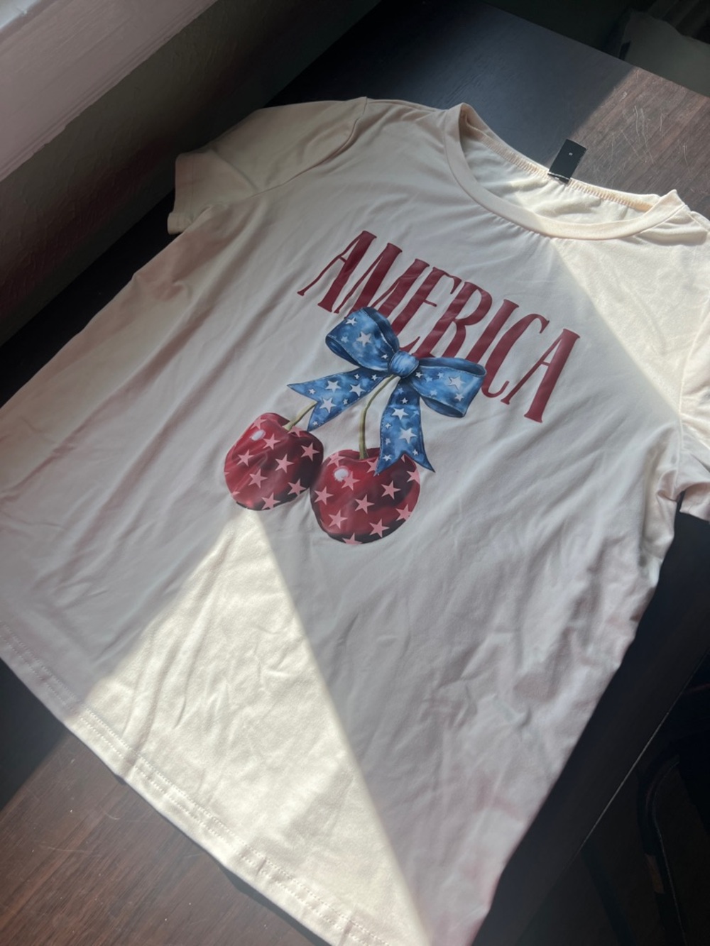 SHEIN Cream Graphic Tee with Red and Blue Patriotic Cherry Print